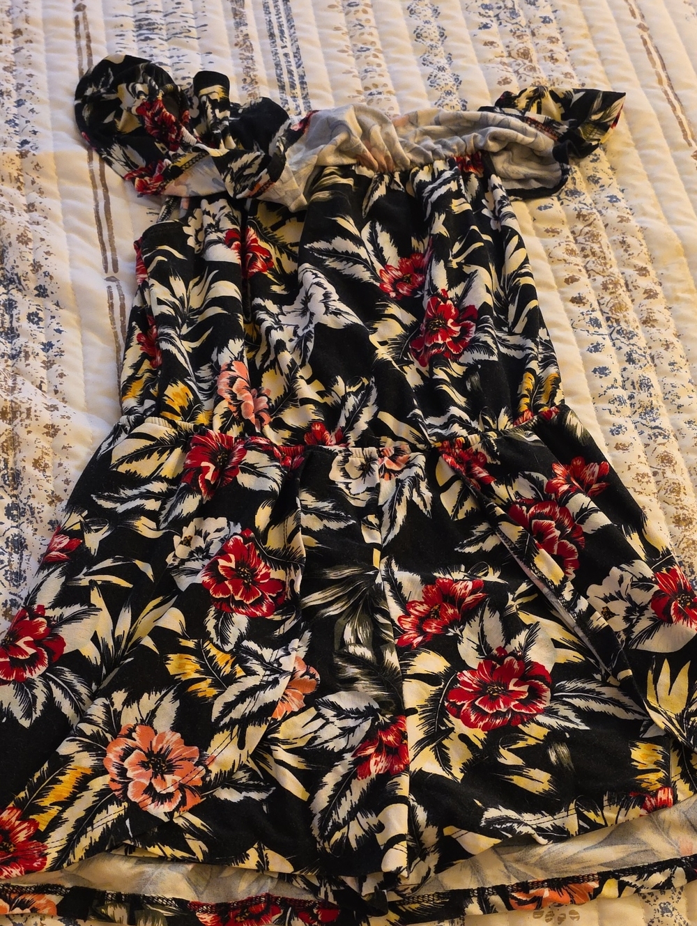 Girls Black Floral One-Piece Romper - Red & Cream Flowers